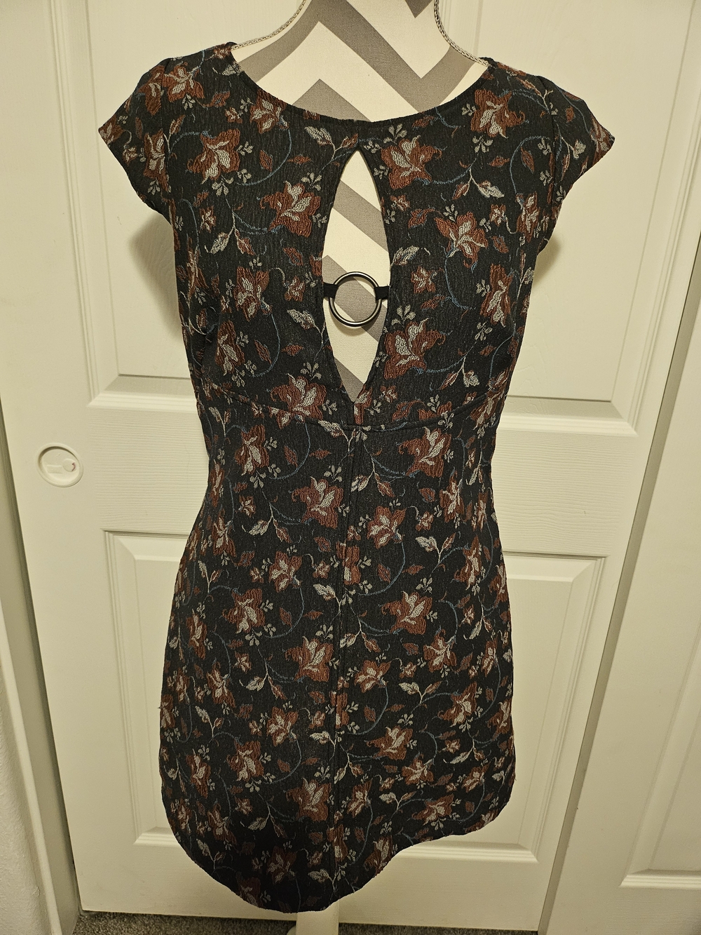 Free People Floral Ring-Front Mini Dress in Black and Brown